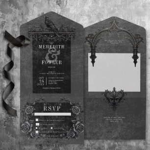 Invitation Tout En Un Corbeau noir gothique et dîner Rose noir