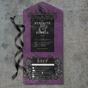Invitation Tout En Un Corbeau noir gothique et Rose noir violet 3 dîners