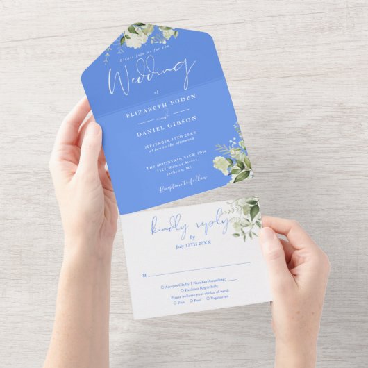 Invitation Tout En Un Cornflower Bleu Floral Verdure Monogramme Mariage (Déchirure)