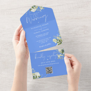 Invitation Tout En Un Cornflower Blue Greenery QR Code Monogramme Mariag