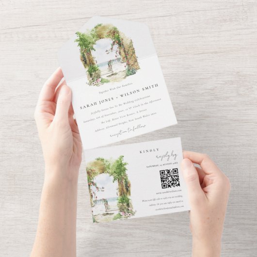 Invitation Tout En Un Côte Floral Arch Beach Mariage QR Code (Déchirure)