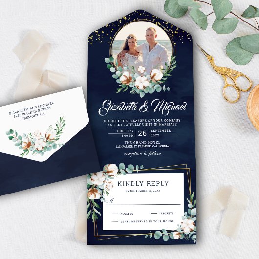 Invitation Tout En Un Coton Eucalyptus Feuilles Photo Marine Blue Mariag