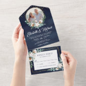 Invitation Tout En Un Coton Eucalyptus Feuilles Photo Marine Blue Mariag (Déchirure)
