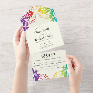 Invitation Tout En Un Couleurs arc-en-ciel damask gay, mariage lesbien
