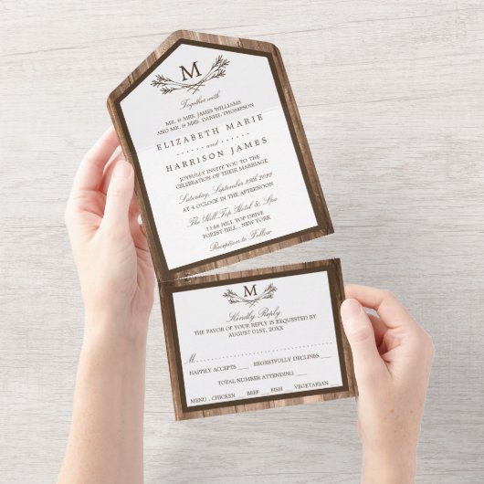 Invitation Tout En Un Country Rustic Monogram Branche & Mariage bois (Déchirure)