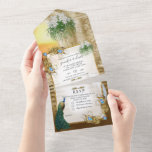 Invitation Tout En Un Courir de l'or et Peacock tout en un mariage Invit<br><div class="desc">Deux Peacocks impériaux au cou mince se terminant par une longue queue décorative extravagante de plumes impressionnantes couronnées autour de fleurs frangipaniennes blanches parfumées sur un design arrière - plan de temple d'or chic pour le couple mariage.</div>