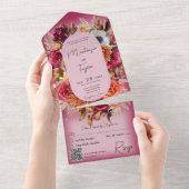 Invitation Tout En Un Couronne de fleurs moderne rose fuchsia boho Code (Déchirure)