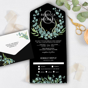 Invitation Tout En Un Couronne de mariage noir en eucalyptus verdure rus