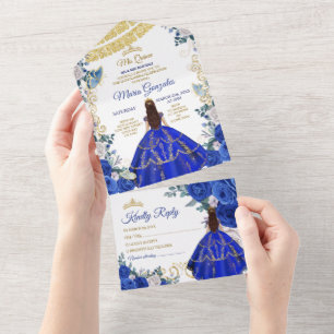 Invitation Tout En Un Couronne d'or pour Quinceañera 16e anniversaire bl