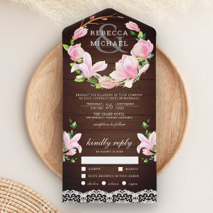 Invitation Tout En Un Couronne florale de magnolia rose grange en bois m