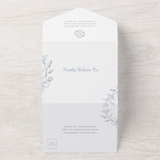 Invitation Tout En Un Couronne florale élégante mariage Bleu Poussiéreux (Dehors)