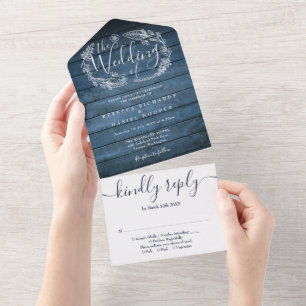 Invitation Tout En Un Couronne florale en bois rustique bleu pour mariag