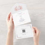Invitation Tout En Un Crab Rustic Beach Wedding Rouge & Bleu QR Code RSV<br><div class="desc">Illustration de crabe et texte blanc sur arrière - plan en terre cuite. RSVP au fond avec bordure de coquillage fleuri.</div>