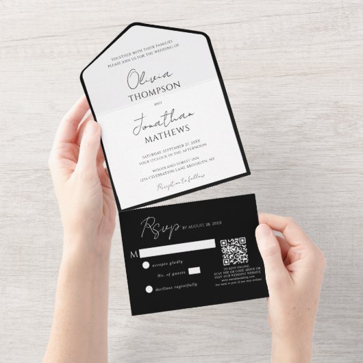 Invitation Tout En Un Cravate noire simple blanc Script QR Code Mariage (Déchirure)