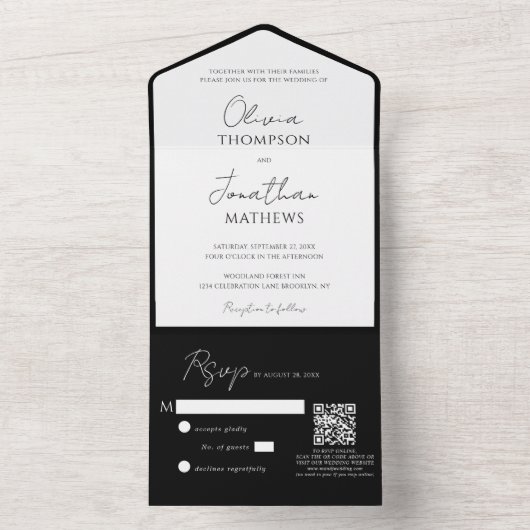 Invitation Tout En Un Cravate noire simple blanc Script QR Code Mariage (À l'intérieur)