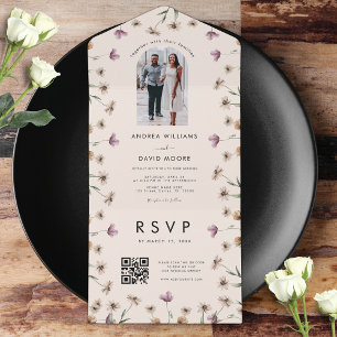 Invitation Tout En Un Crème Beige Fleurs sauvages Arch photo QR Code Mar