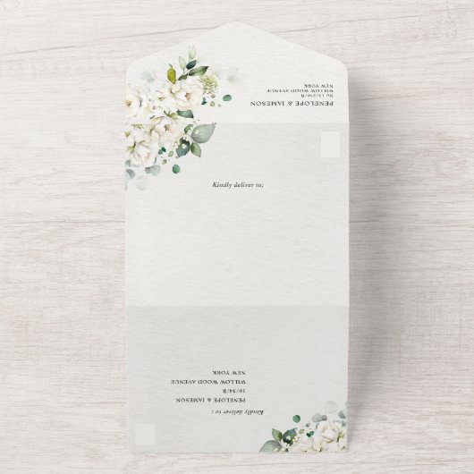 Invitation Tout En Un Crème d'ivoire blanc Rose Floral Mariage botanique (Dehors)