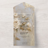 Invitation Tout En Un Crème d'or romantique Roses blanches (À l'intérieur)