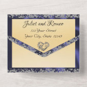 Invitation Tout En Un Crème élégante, ruban bleu et étincelle (Verso)