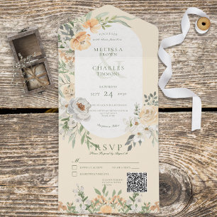 Invitation Tout En Un Crème et Boho jaune Floral Code QR jaune
