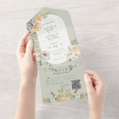 Invitation Tout En Un Crème et Boho jaune Floral Sage vert QR Code (Déchirure)