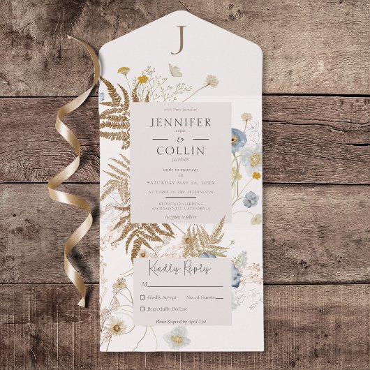 Invitation Tout En Un Crème Monogramme Fleur sauvage Rustique Pas de dîn