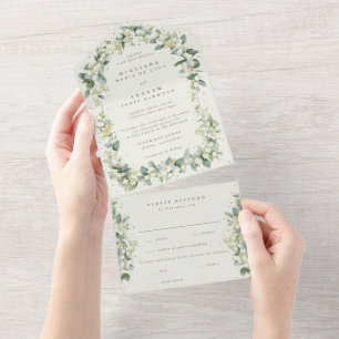 Invitation Tout En Un Crème Snowberry + Eucalyptus Mariage d'hiver