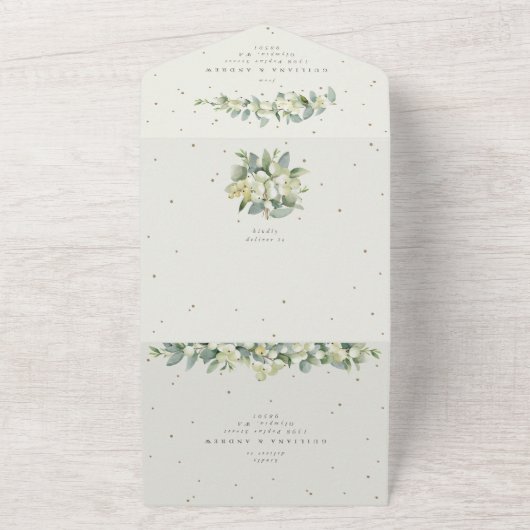 Invitation Tout En Un Crème Snowberry + Mariage Eucalyptus (Dehors)