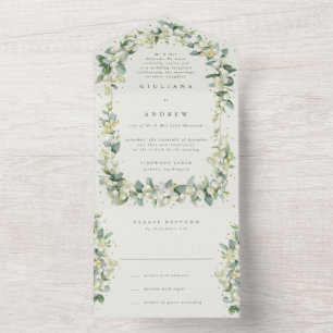 Invitation Tout En Un Crème/Taupe Snowberry+Eucalyptus Réception uniquem