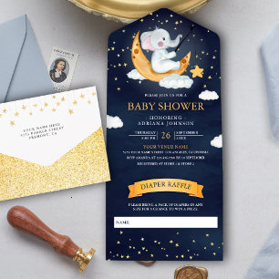 Invitation Tout En Un Crescent Moon Stars Elephant Marine Baby shower bl