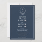 Invitation Tout en un Crest Marine Bleu QR Code Mariage (Devant)