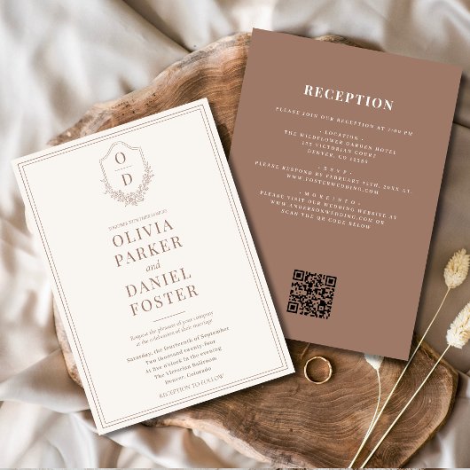 Invitation Tout en un Crest Mocha Brown QR Code Mariage