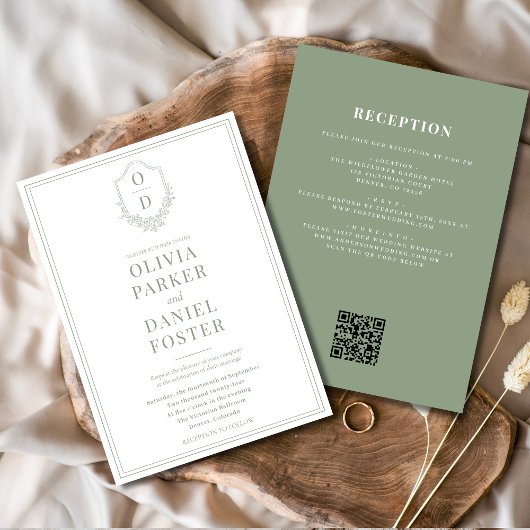 Invitation Tout en un Crest Sage Vert Mariage moderne