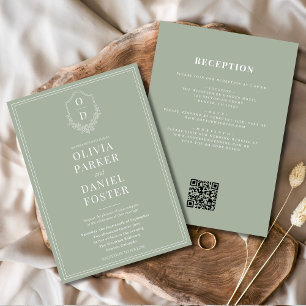 Invitation Tout en un Crest Sage vert QR Code Mariage