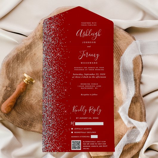 Invitation Tout En Un Crimson Red Silver Glitter QR Code Wedding
