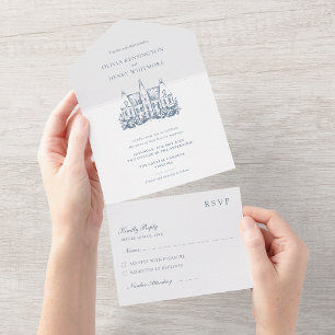Invitation Tout En Un Croquis de lieu de château Mariage minimaliste