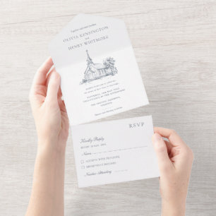 Invitation Tout En Un Croquis de lieu Mariage à l'église