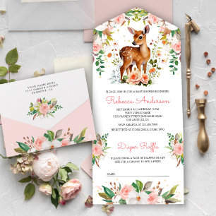 Invitation Tout En Un Cute aquarelle Baby shower de cerfs floraux