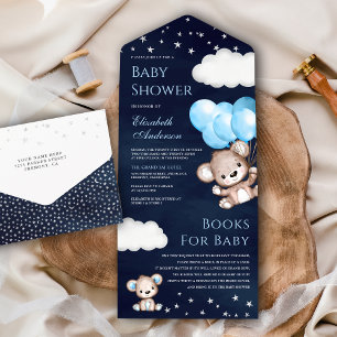 Invitation Tout En Un Cute Teddy Bear Bleu Ballons Marine Baby shower