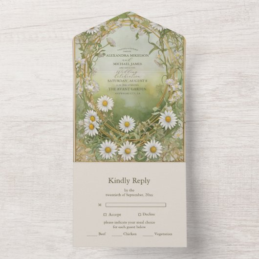 Invitation Tout En Un Daisées Art Nouveau Mariage vert ivoire (À l'intérieur)