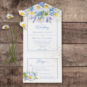 Invitation Tout En Un Daisées rustiques & Bouquet Floral Bleu Pas de dîn