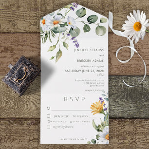 Invitation Tout En Un Daisy Rustique & Lavande Floral Blanc Dîner