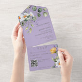 Invitation Tout En Un Daisy rustique & Lavender Floral Purple QR Code (Déchirure)