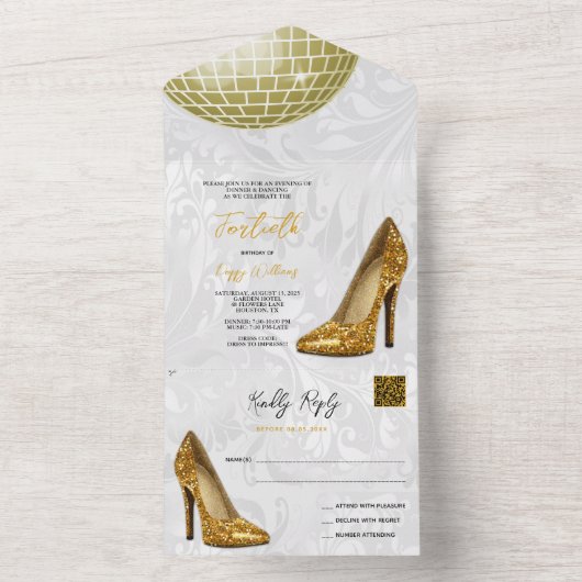Invitation Tout En Un Damask, Gold Stilettos & Disco Ball 40th QR CODE (À l'intérieur)