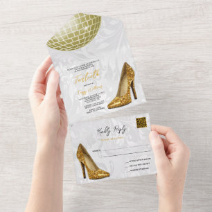 Invitation Tout En Un Damask, Gold Stilettos & Disco Ball 40th QR CODE