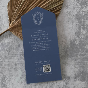 Invitation Tout En Un DAPHNE QR Code Bleu foncé Minimaliste Floral Maria