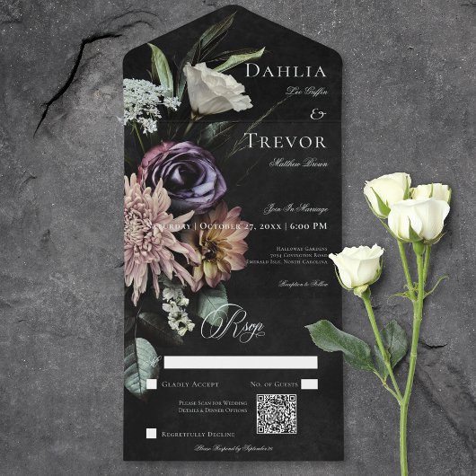 Invitation Tout En Un Dark Gothic Mystérieux Muted Floral QR Code