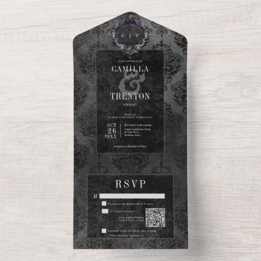 Invitation Tout En Un Dark gothique noir Damask QR Code (À l'intérieur)