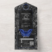 Invitation Tout En Un Dark gothique noir et bleu fibre Moth Code QR (À l'intérieur)