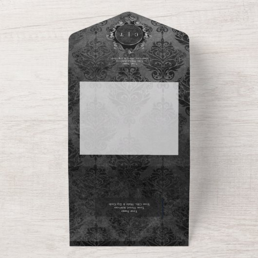 Invitation Tout En Un Dark gothique noir et noir Damask QR Code (Dehors)